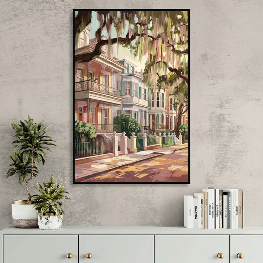 Savannah Historic Homes Living Room - Black Canvas Wall Art