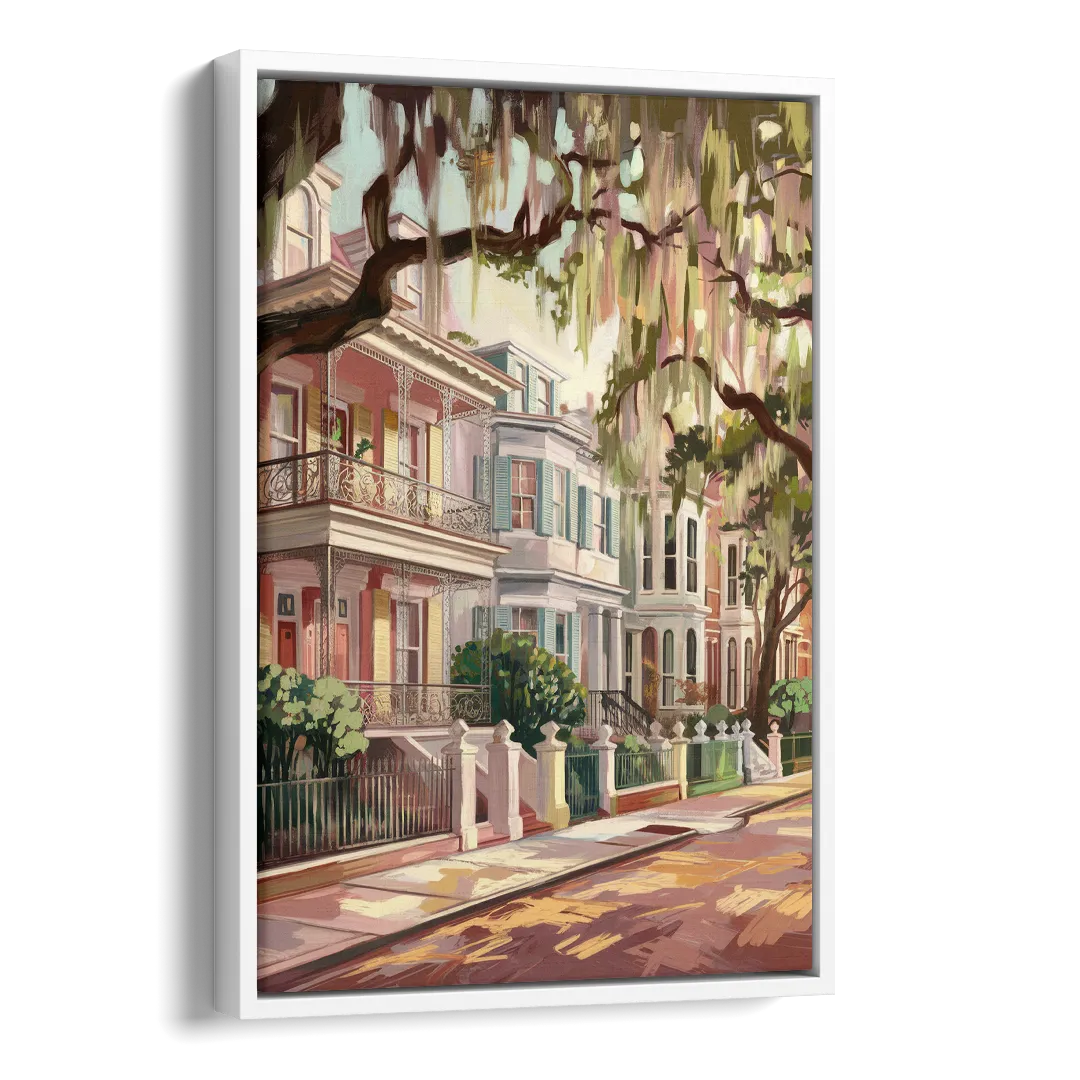 Savannah Historic Homes Side - White Canvas Wall Art