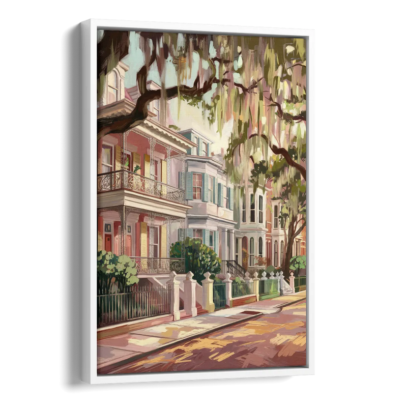 Savannah Historic Homes Side - White Canvas Wall Art