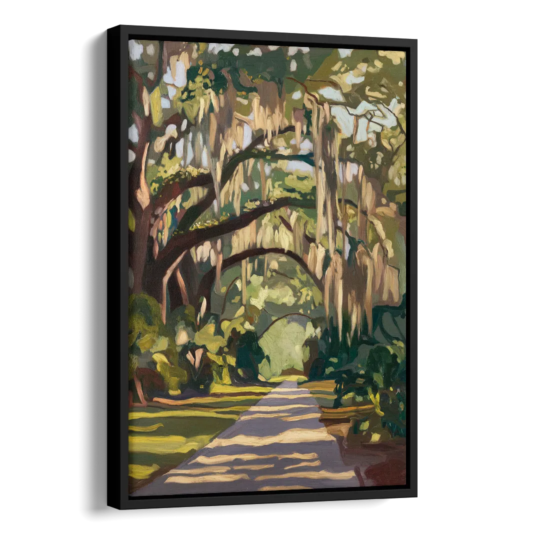 Savannah Oak Trees and Moss Side - Black Canvas Wall Art