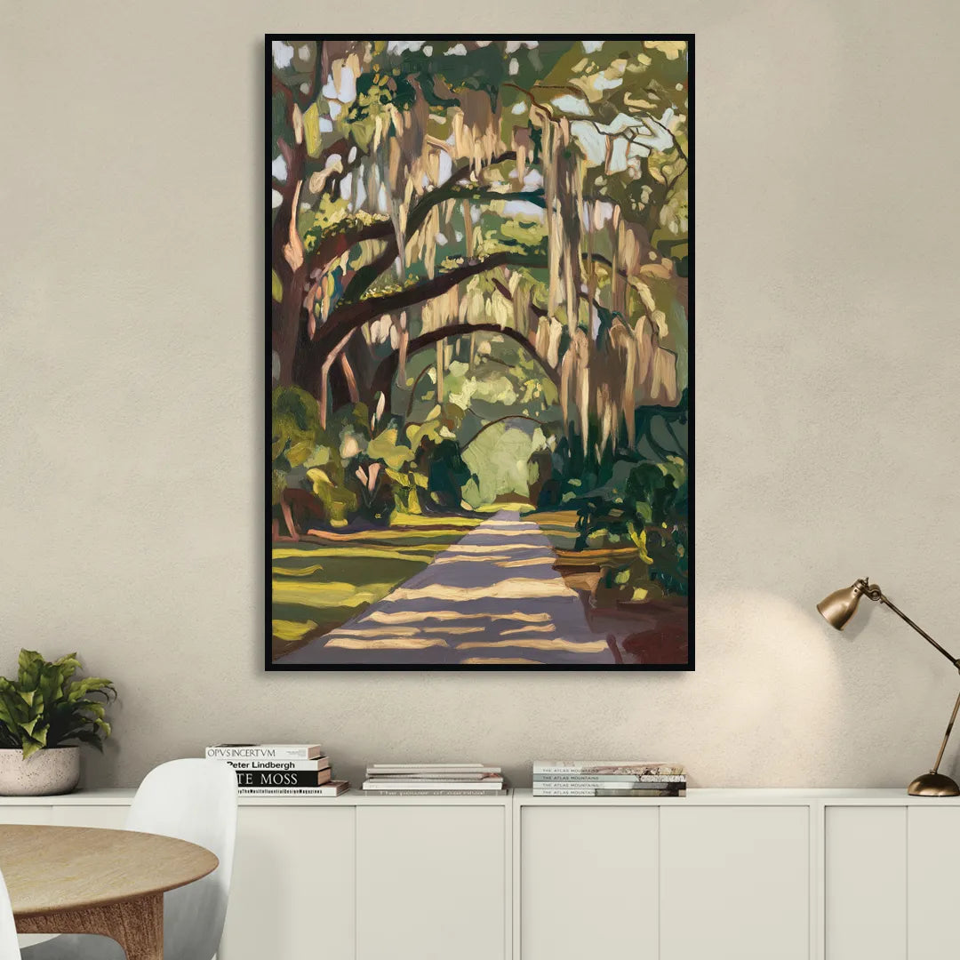 Savannah Oak Trees and Moss Sitting Room - Black Canvas Wall Art