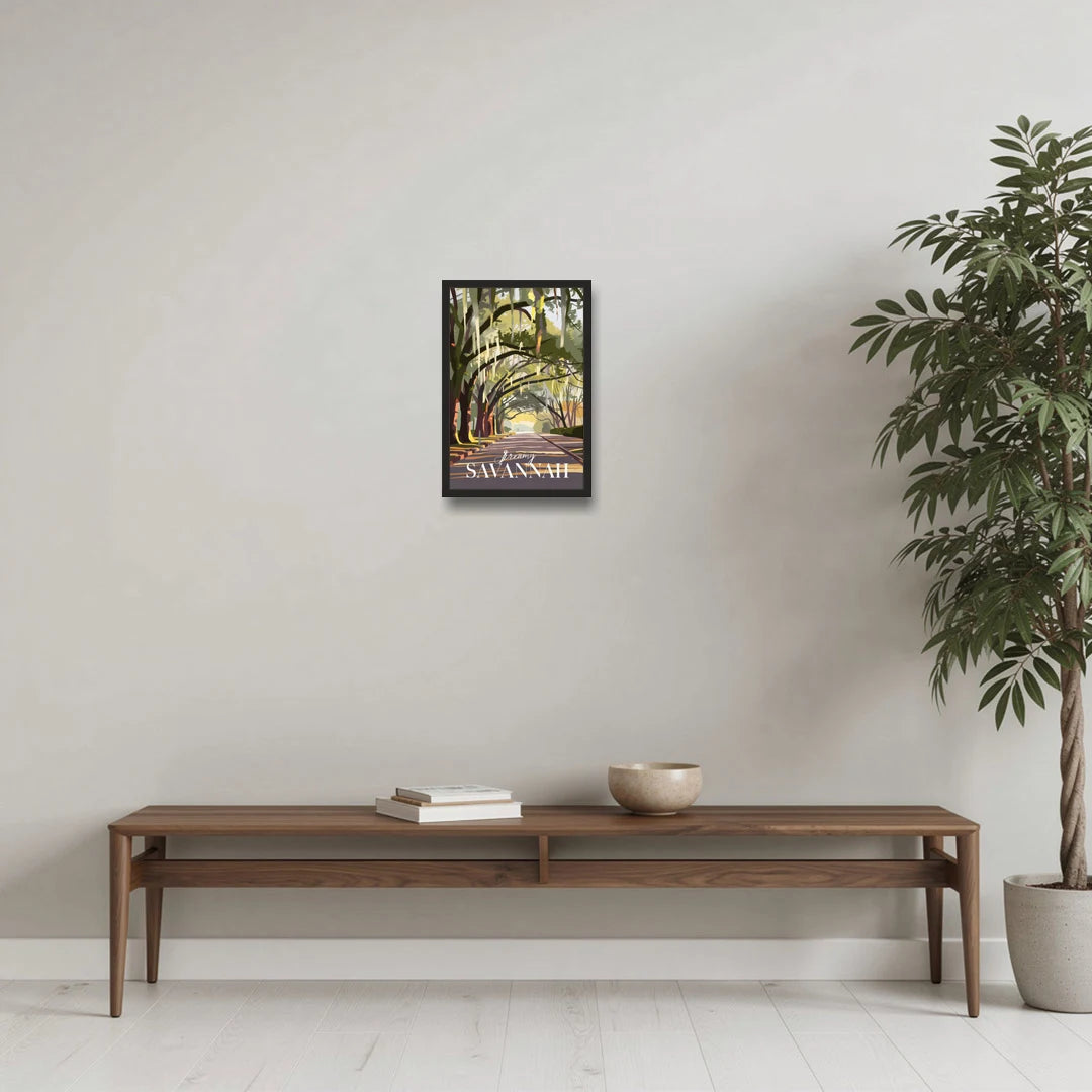 Savannah Spanish Moss Streets - Black Framed Canvas Wall Art - Coffee Table - 12x18