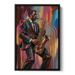 Saxophone Painting in Fractured Color - Black Framed Canvas Wall Art - Front