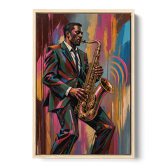 Saxophone Painting in Fractured Color - Oak Framed Canvas Wall Art - Front