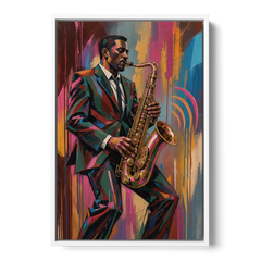 Saxophone Painting in Fractured Color - White Framed Canvas Wall Art - Front