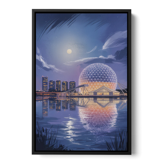 Science World at Night - Black Framed Canvas Wall Art - Front