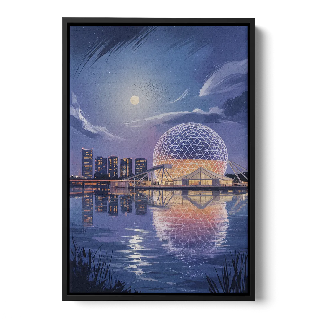 Science World at Night Front - Black Canvas Wall Art