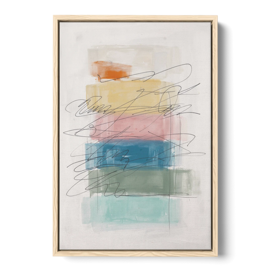 Scribble Abstract Art on Stacked Pastel Bands - Oak Framed Canvas Wall Art - Front