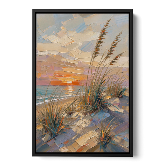 Sea Grass Painting at Golden Hour - Black Framed Canvas Wall Art - Front