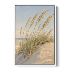 Sea Grass Wall Art with Golden Sea Oats - White Framed Canvas Wall Art - Front