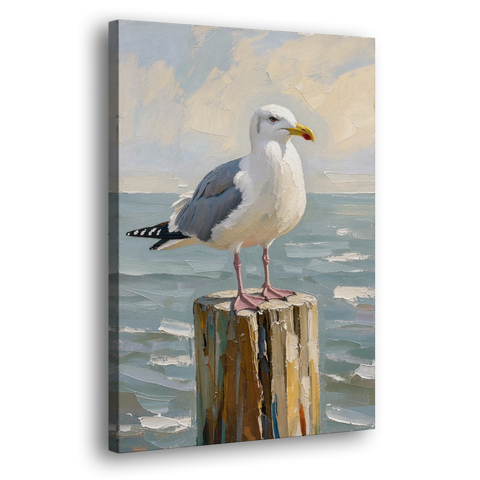 Seagull Painting on the Weathered Dock Post - Canvas Wall Art - Side