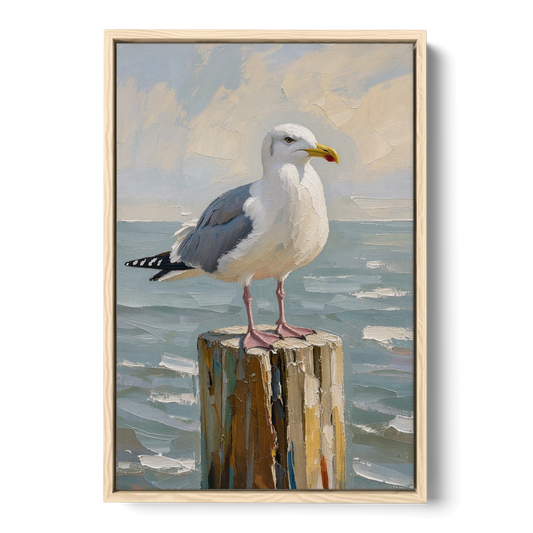 Seagull Painting on the Weathered Dock Post - Oak Framed Canvas Wall Art - Front