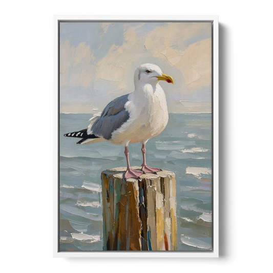 Seagull Painting on the Weathered Dock Post - White Framed Canvas Wall Art - Front