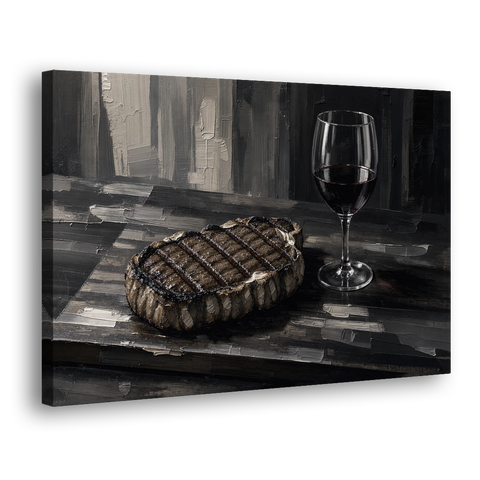 Seared Steak and Red Wine Palette Knife Painting - Canvas Wall Art - Side