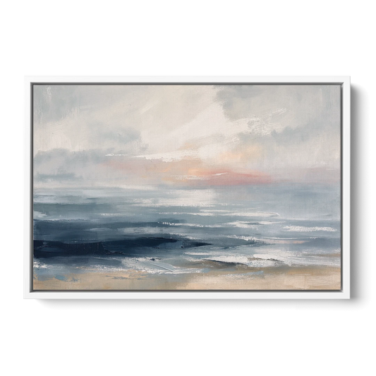 Seascape Painting of a Misty Dawn Horizon - White Framed Canvas Wall Art - Front