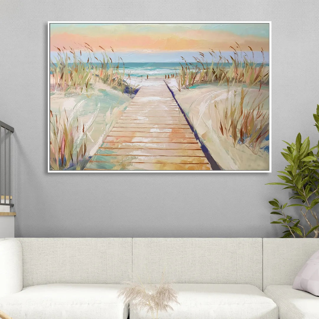 Seaside Boardwalk Dreams Living Room - White Canvas Wall Art
