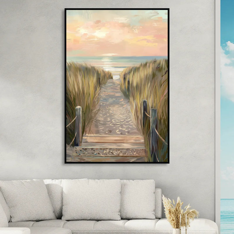Seaside Coastal Path Sitting Room - Black Canvas Wall Art