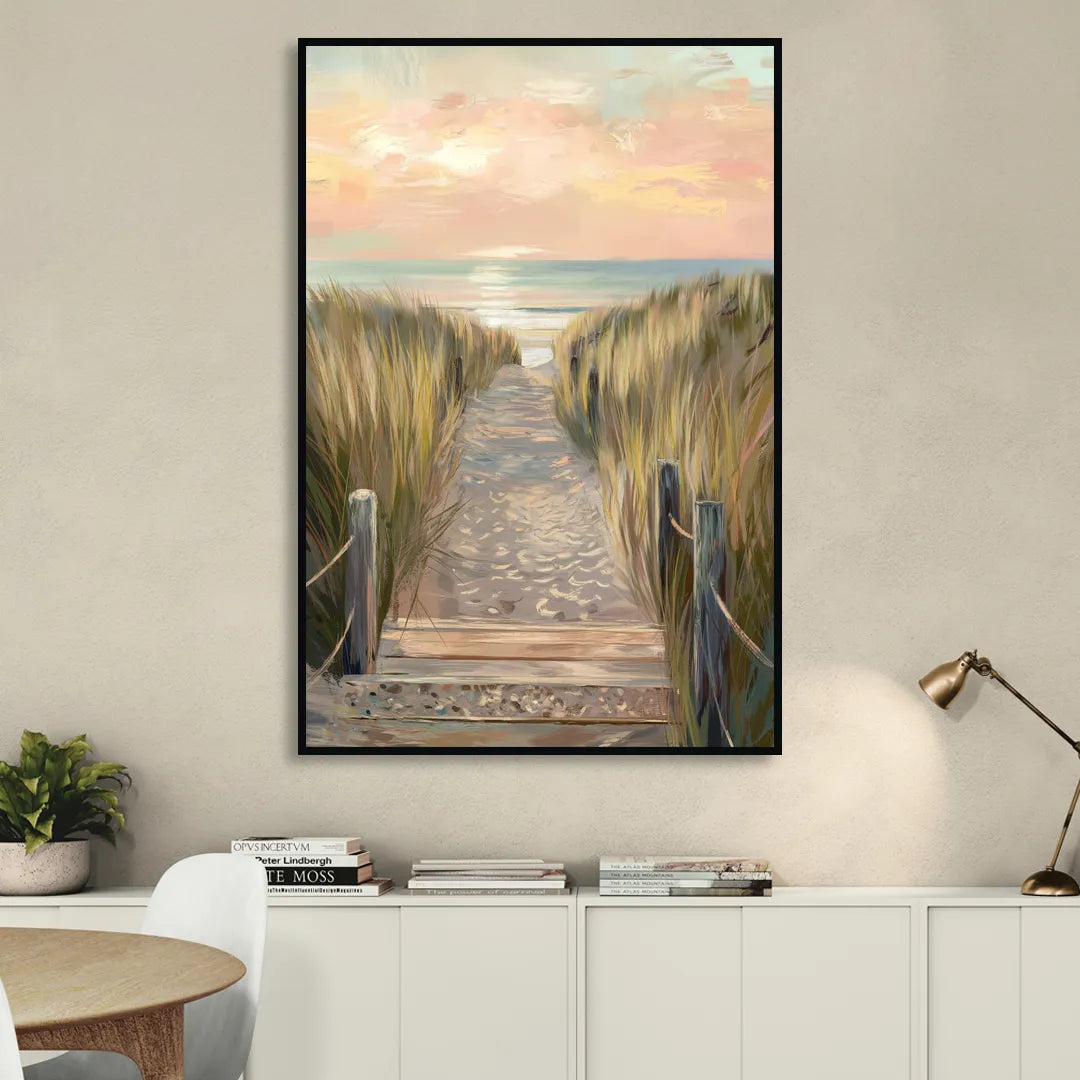 Seaside Coastal Path Living Room - Black Canvas Wall Art