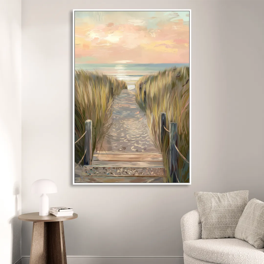 Seaside Coastal Path Living Room - White Canvas Wall Art