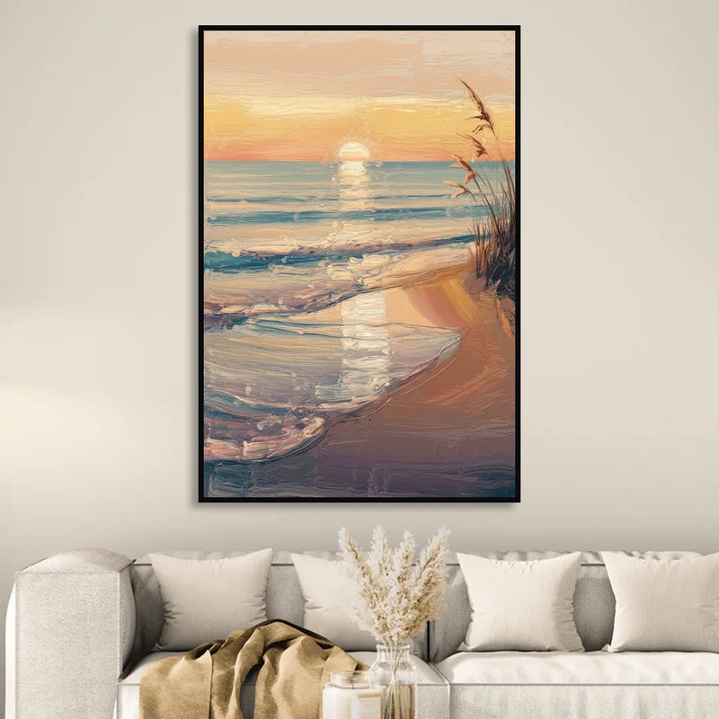 Seaside Coastal Sunrise Sitting Room - Black Canvas Wall Art