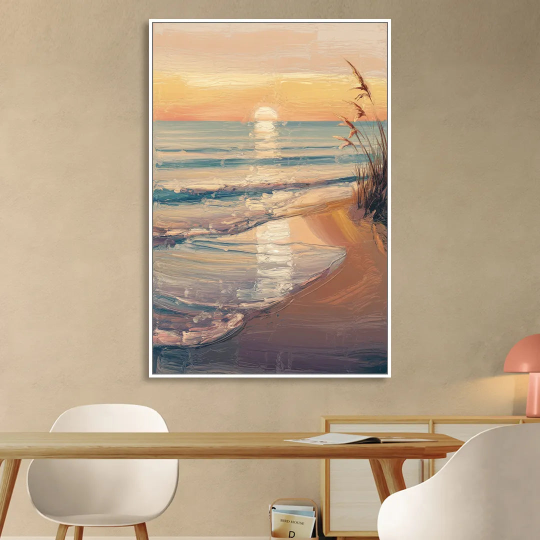 Seaside Coastal Sunrise Living Room - White Canvas Wall Art