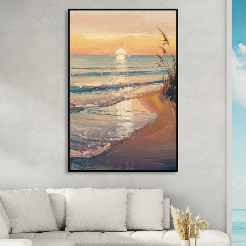 Seaside Coastal Sunrise Living Room - Black Canvas Wall Art