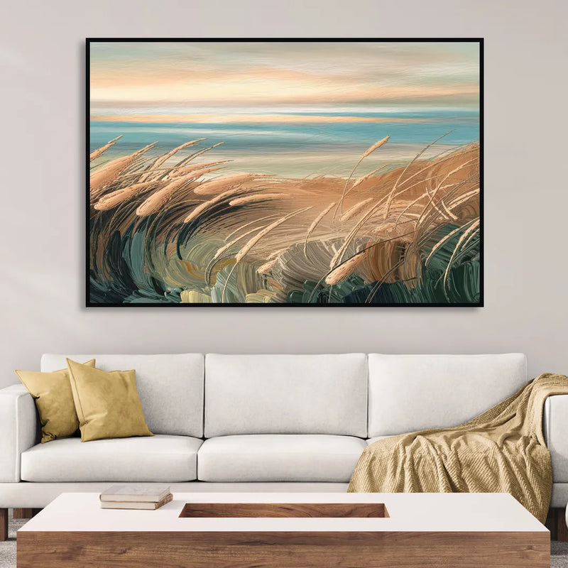 Seaside Dunes And Grass Living Room - Black Canvas Wall Art