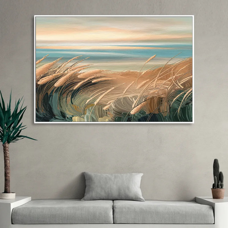 Seaside Dunes And Grass Living Room - White Canvas Wall Art