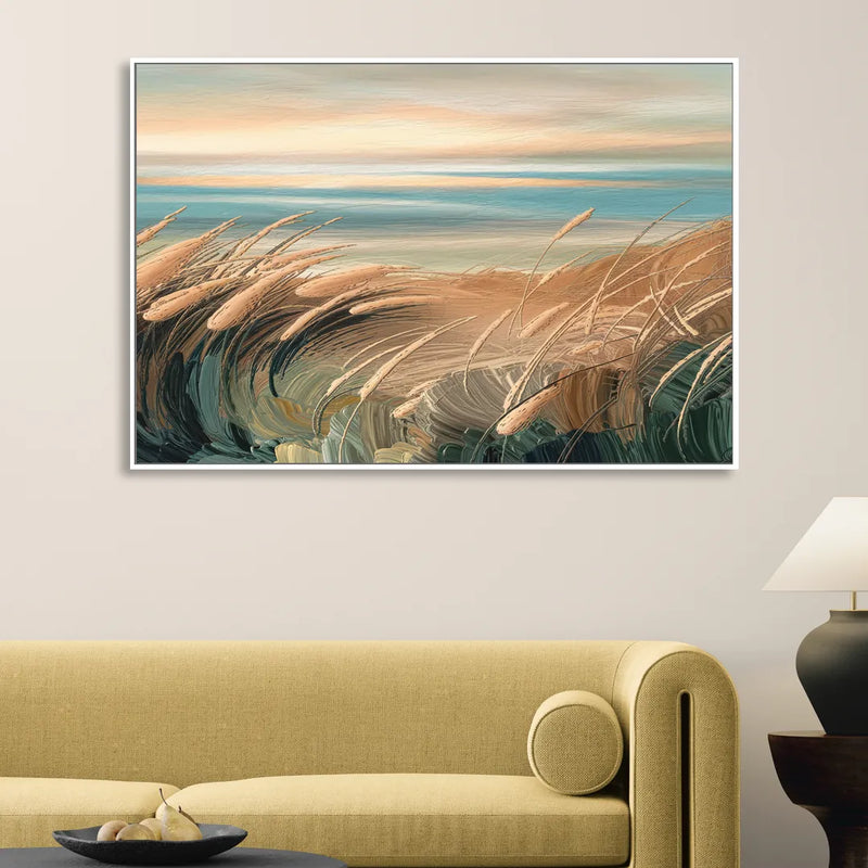 Seaside Dunes And Grass Sitting Room - White Canvas Wall Art