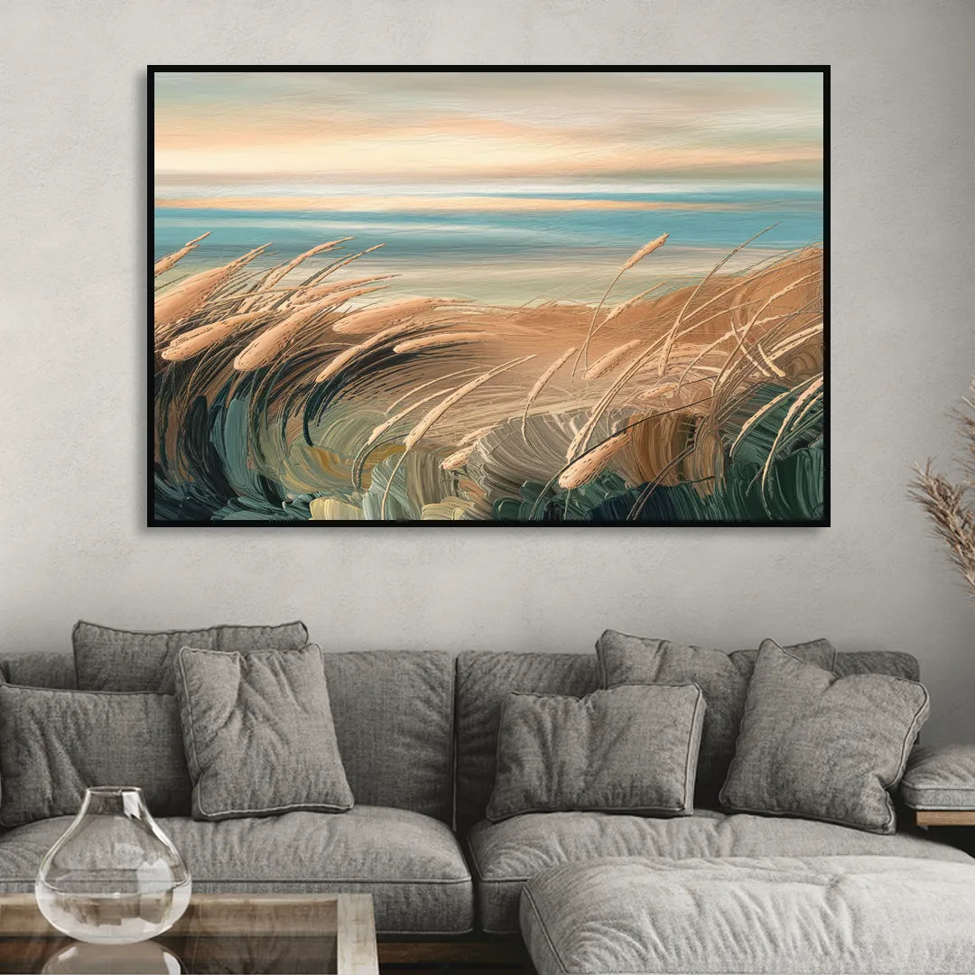 Seaside Dunes And Grass Sitting Room - Black Canvas Wall Art
