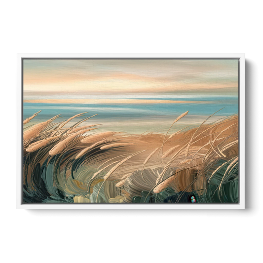 Seaside Dunes And Grass - White Framed Canvas Wall Art - Front
