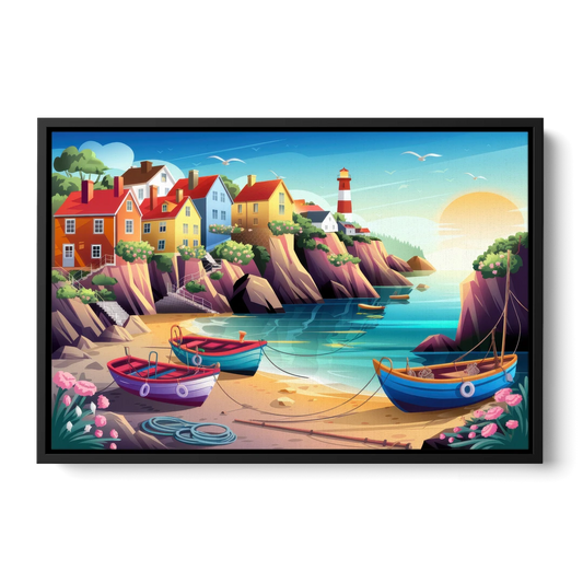 Seaside Fishing Village - Black Framed Canvas Wall Art - Front
