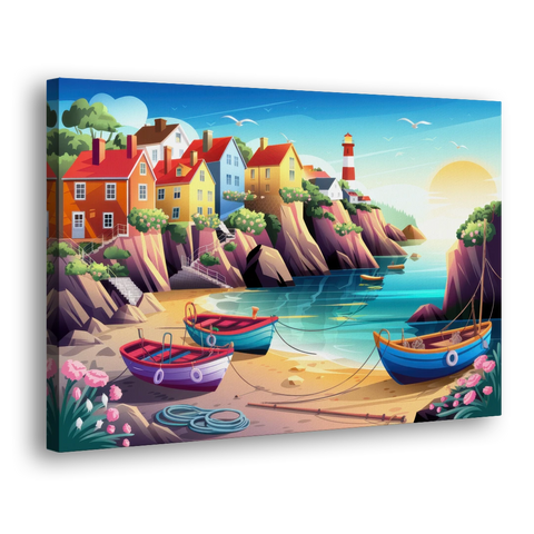 Seaside Fishing Village - Canvas Wall Art - Side