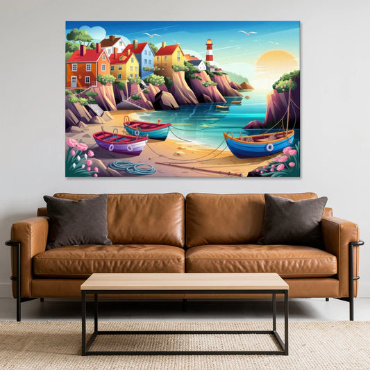 Seaside Fishing Village - Canvas Wall Art - Sofa - 60x40