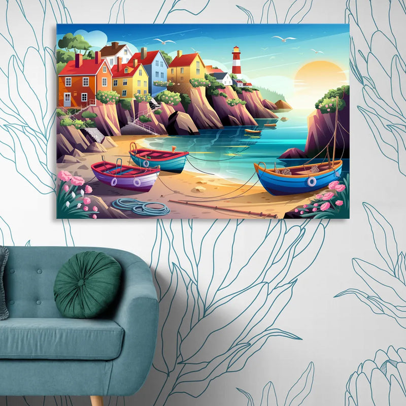 Seaside Fishing Village Living Room - Canvas Wall Art