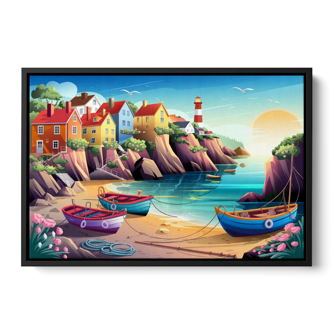 Seaside Fishing Village Front - Black Canvas Wall Art