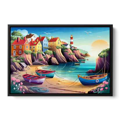 Seaside Fishing Village Front - Black Canvas Wall Art