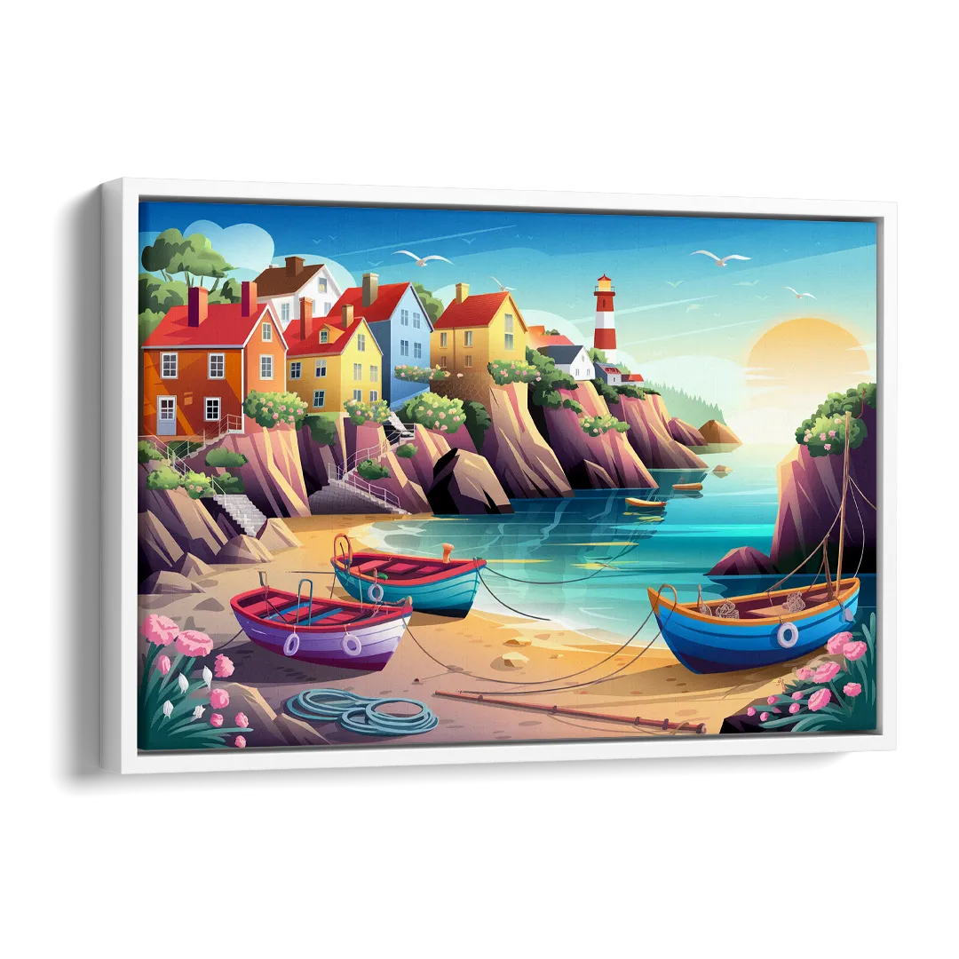 Seaside Fishing Village Side - White Canvas Wall Art