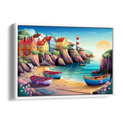Seaside Fishing Village Side - White Canvas Wall Art