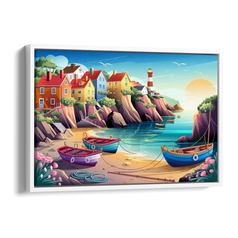 Seaside Fishing Village Side - White Canvas Wall Art