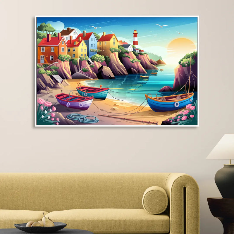 Seaside Fishing Village Living Room - White Canvas Wall Art