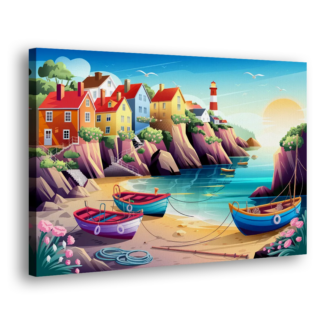 Seaside Fishing Village Side - Canvas Wall Art