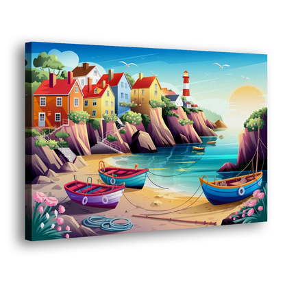 Seaside Fishing Village Side - Canvas Wall Art