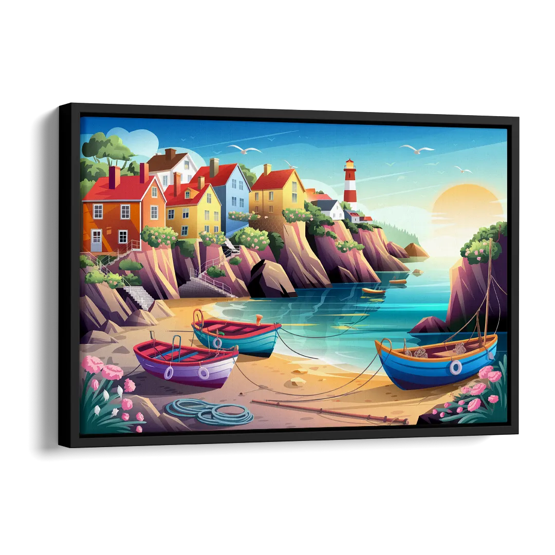 Seaside Fishing Village Side - Black Canvas Wall Art
