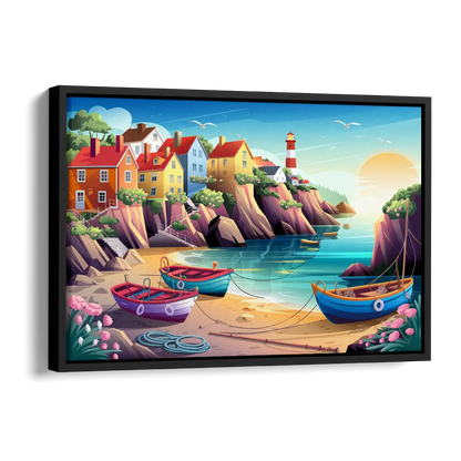 Seaside Fishing Village Side - Black Canvas Wall Art