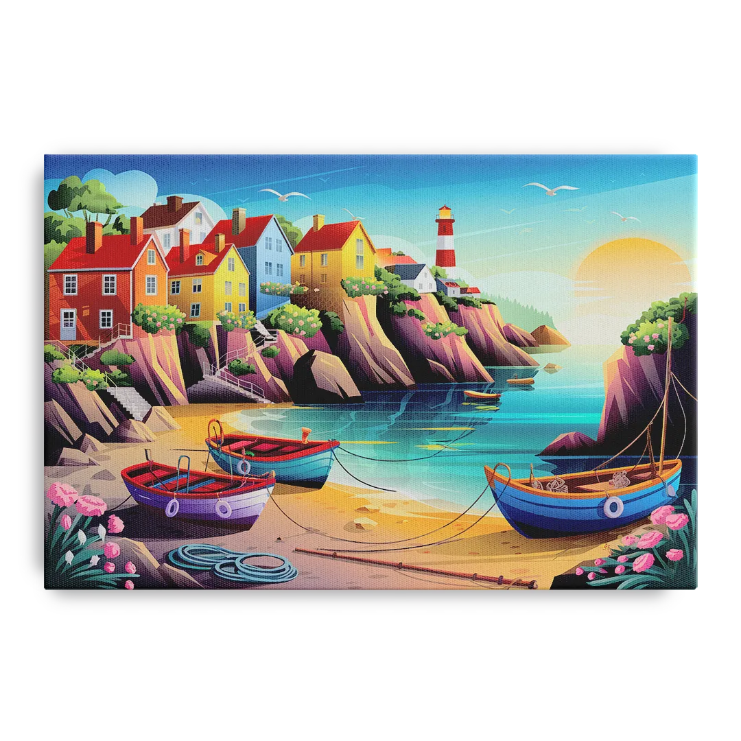 Seaside Fishing Village Front - Canvas Wall Art