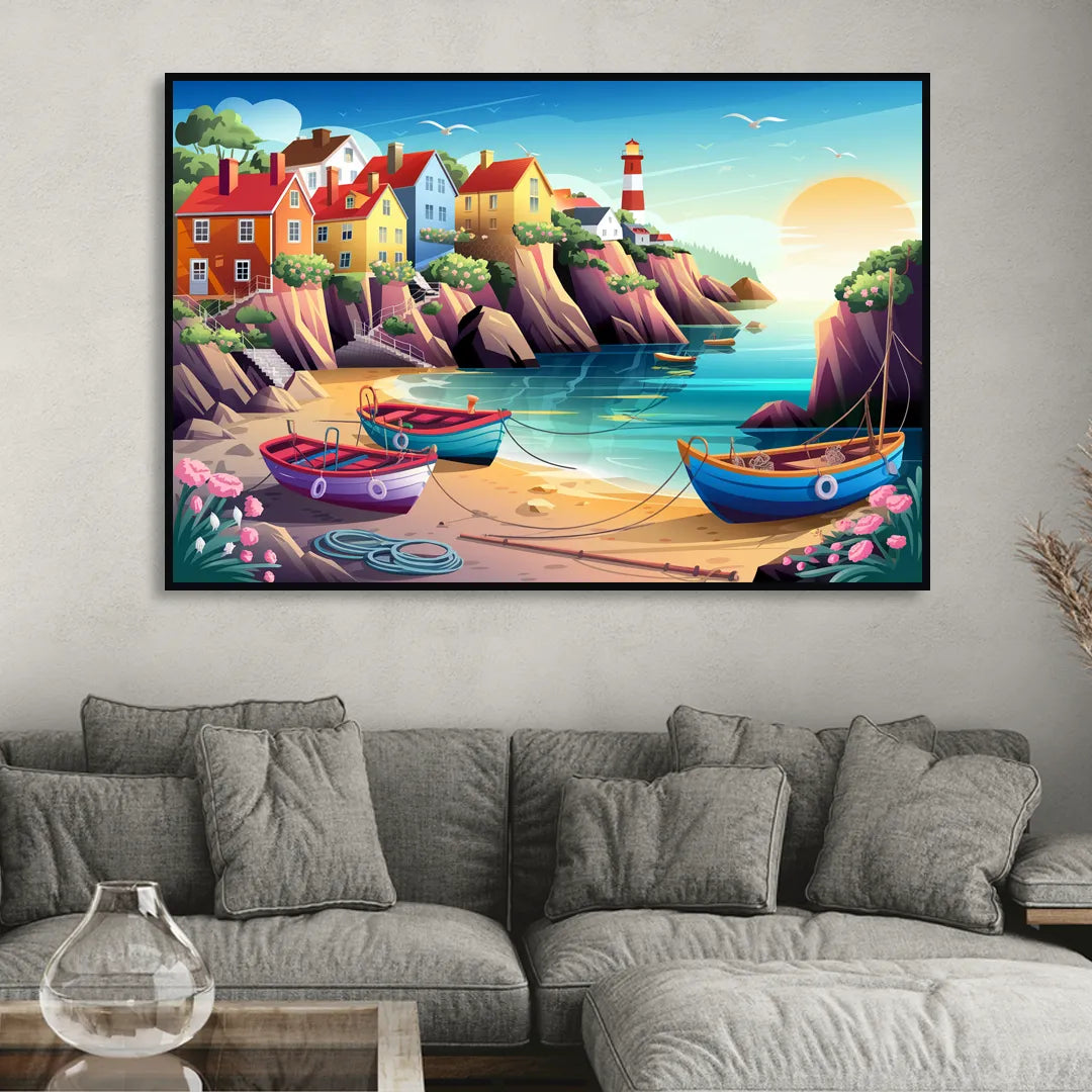 Seaside Fishing Village Living Room - Black Canvas Wall Art