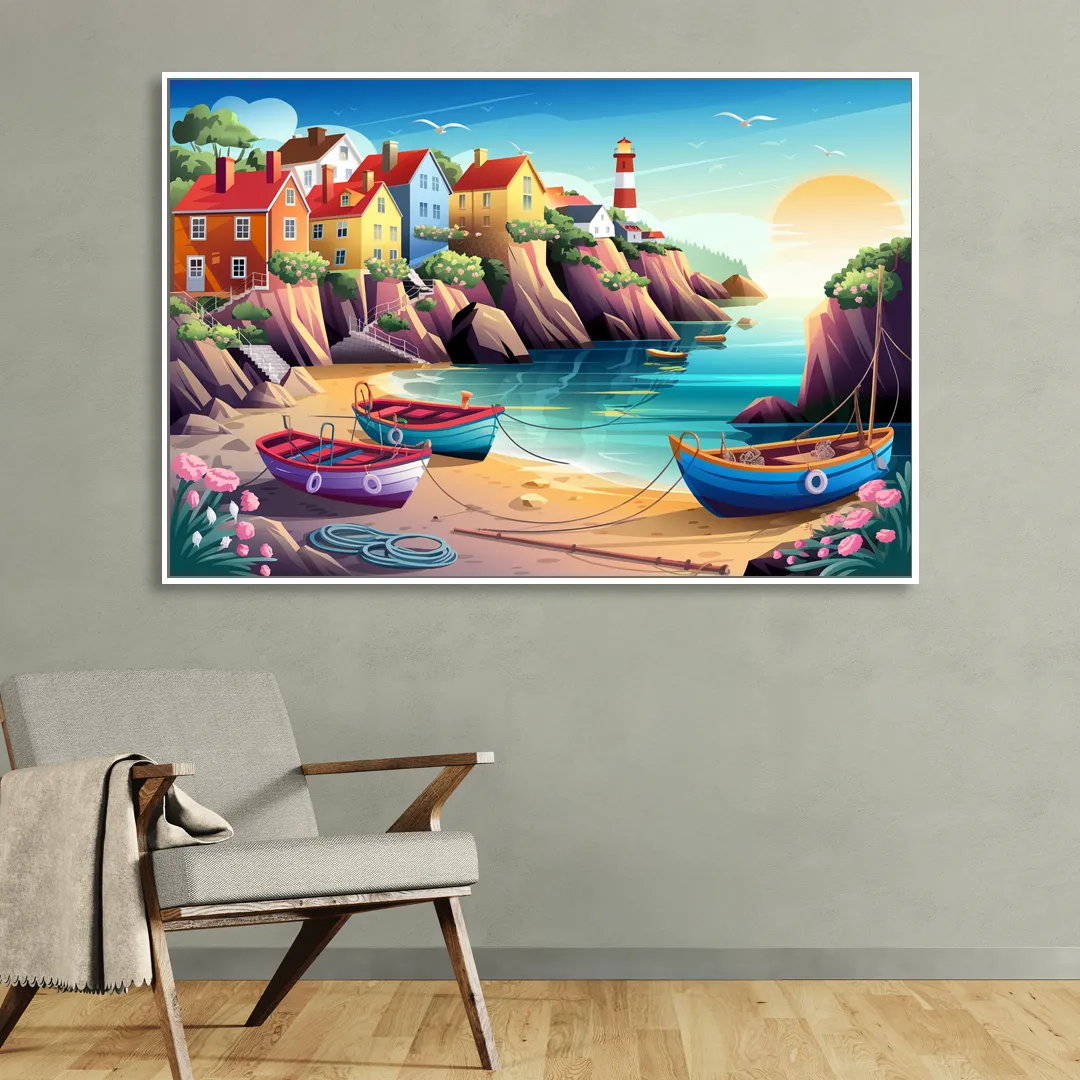 Seaside Fishing Village Sitting Room - White Canvas Wall Art