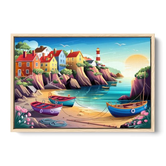 Seaside Fishing Village - Oak Framed Canvas Wall Art - Front