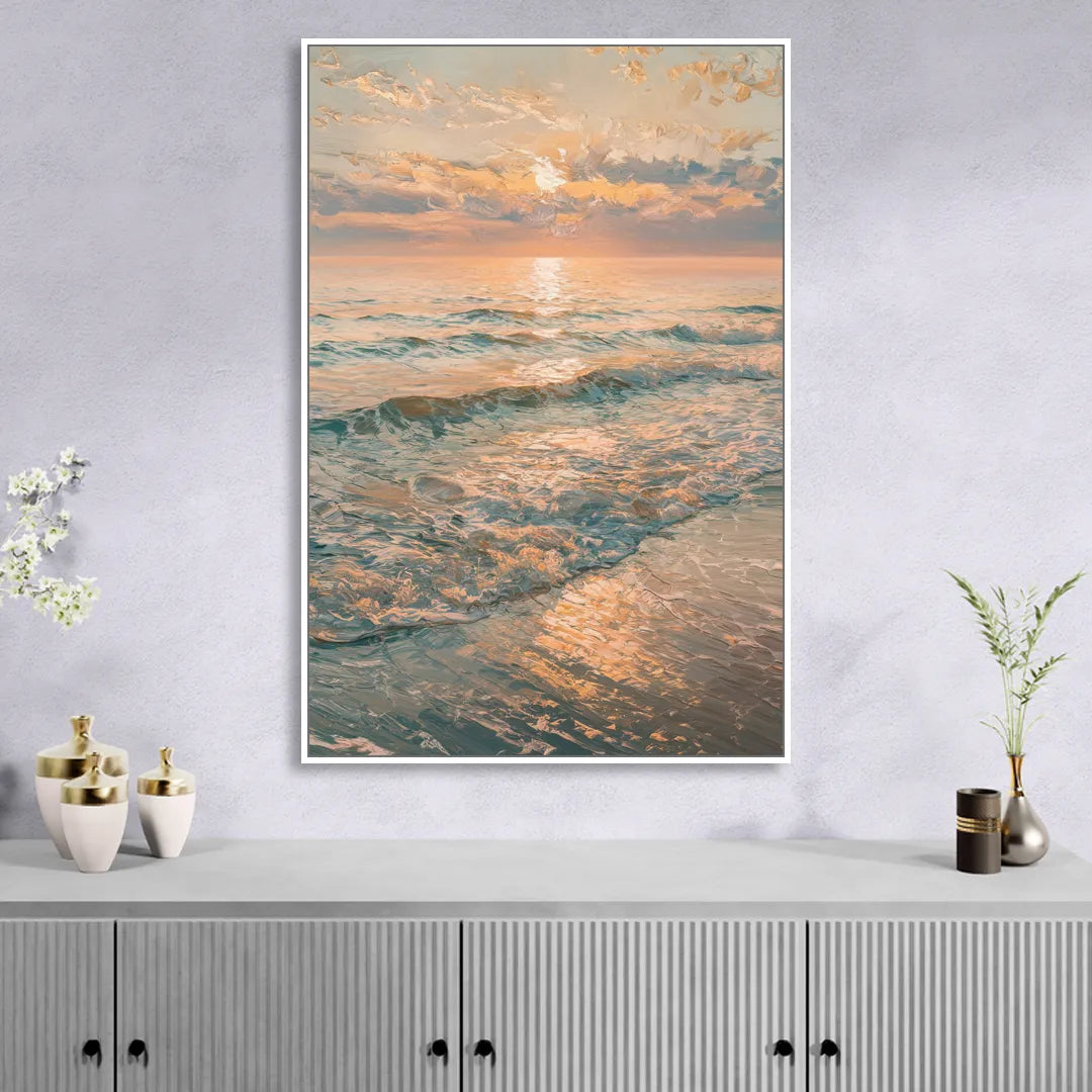 Seaside Golden Hour Living Room - White Canvas Wall Art